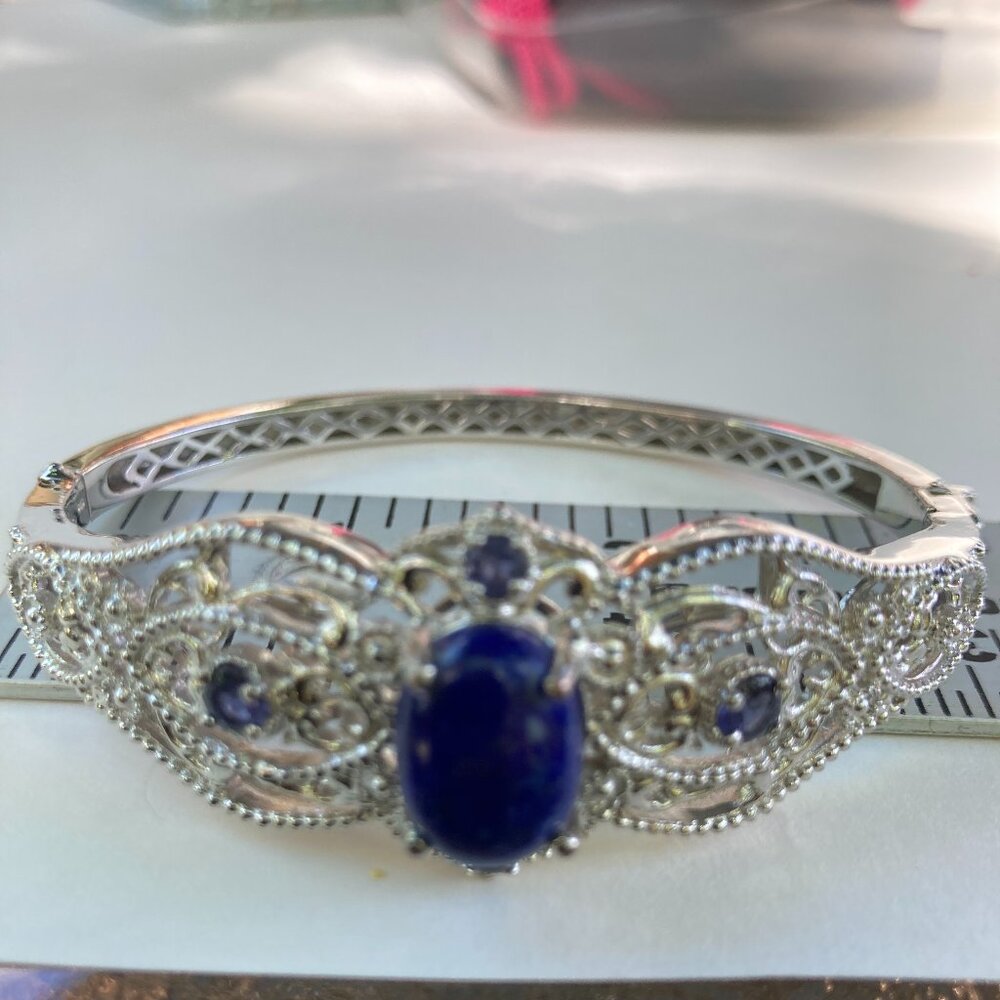 STS Karis silver tone hinged bracelet with faux sapphire gems